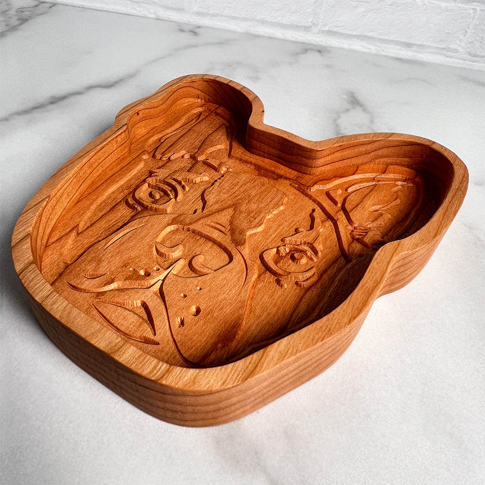 A Boston Terrier wood tray with an image of a dog on it.