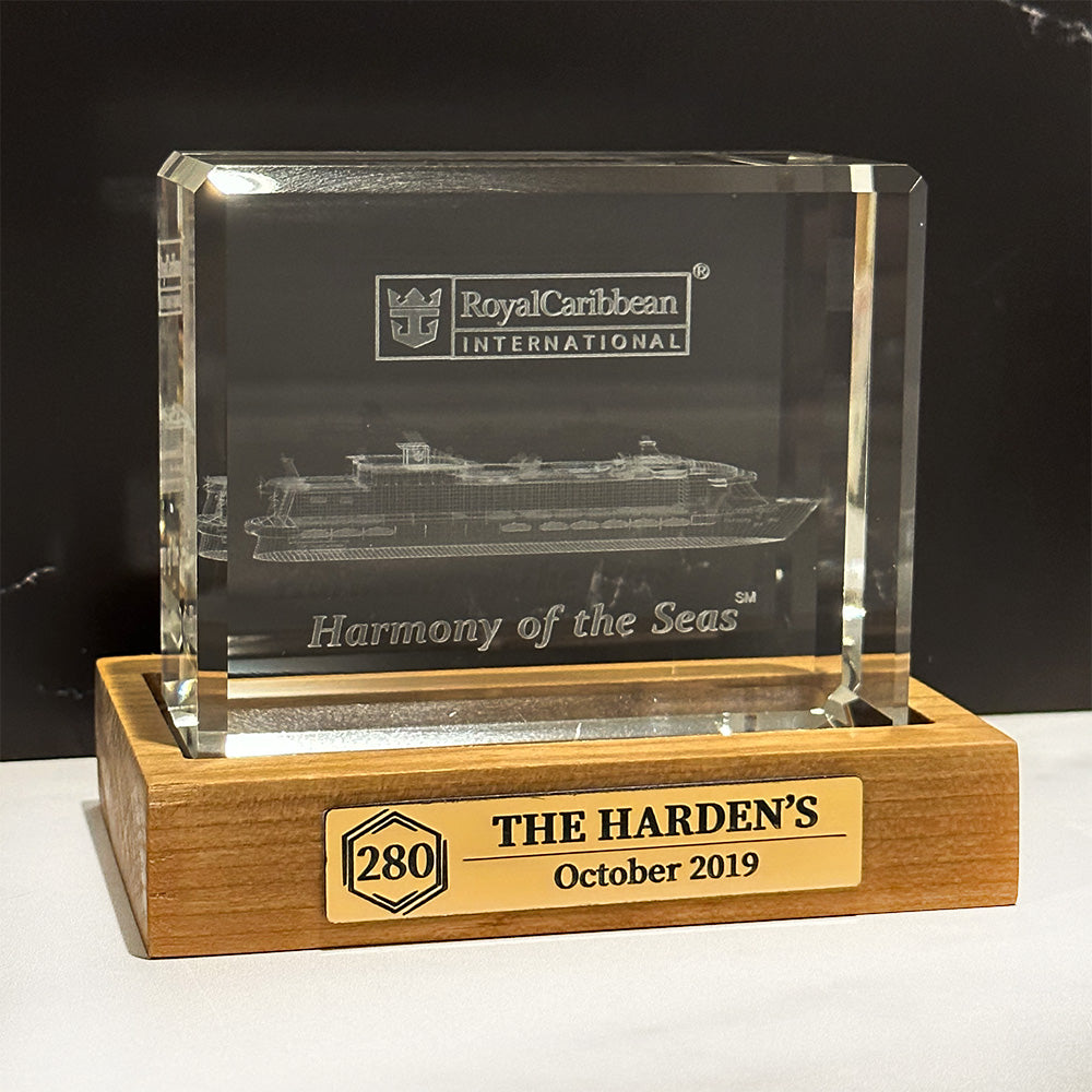 Royal Caribbean Harmony of the Seas Cruise Milestone crystal block base.