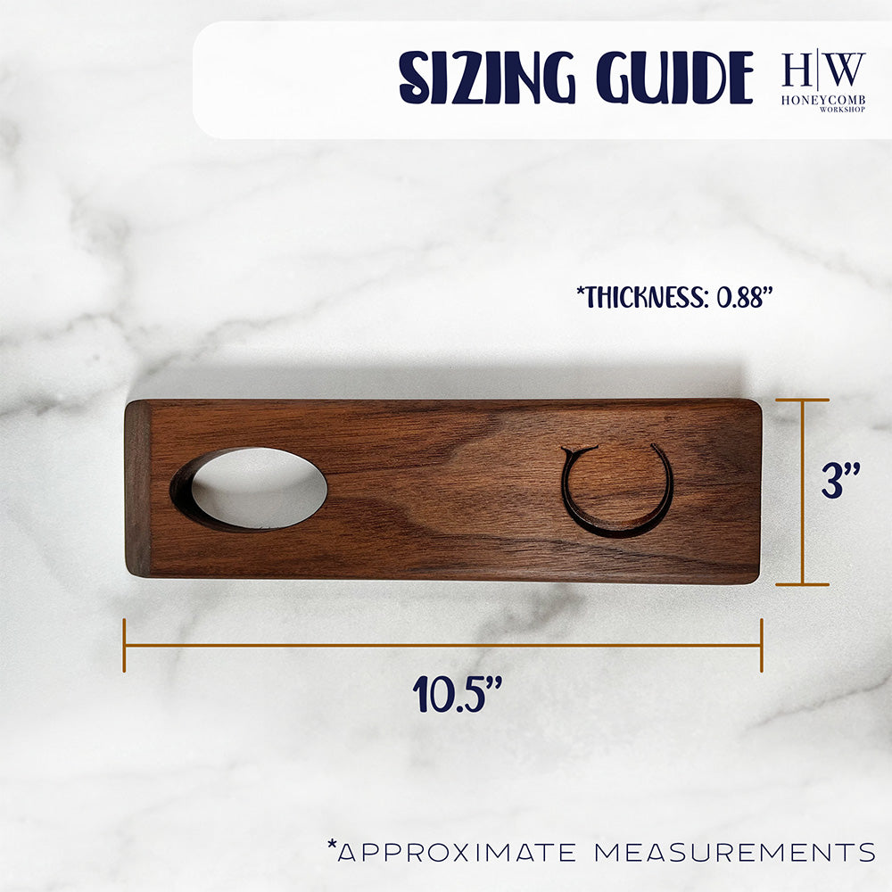 A Balancing wine bottle holder with the words,'sizing guide'.