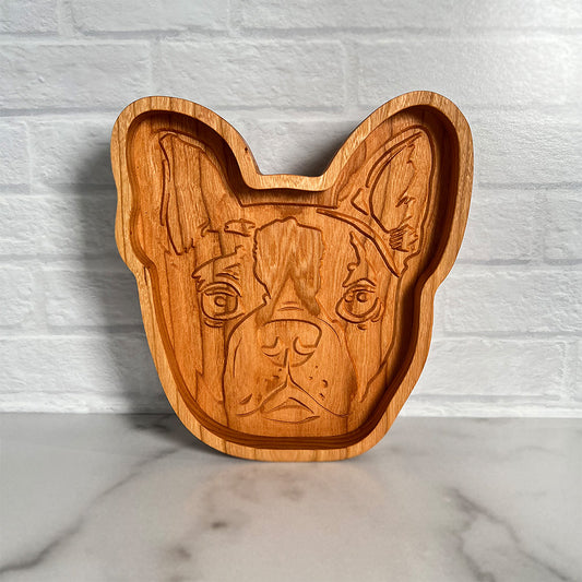 A Boston Terrier wood tray with a french bulldog on it.