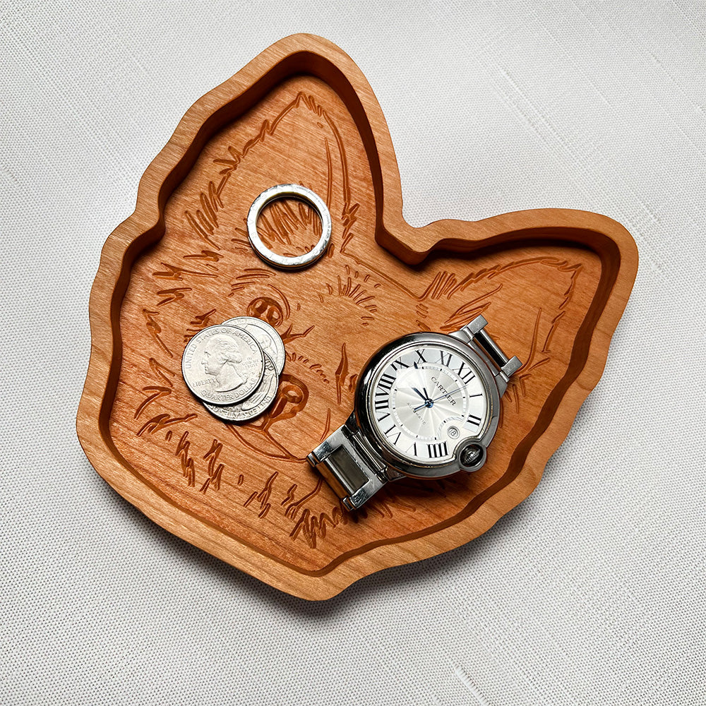 A Hairy Chihuahua wood tray with a watch and a watch.