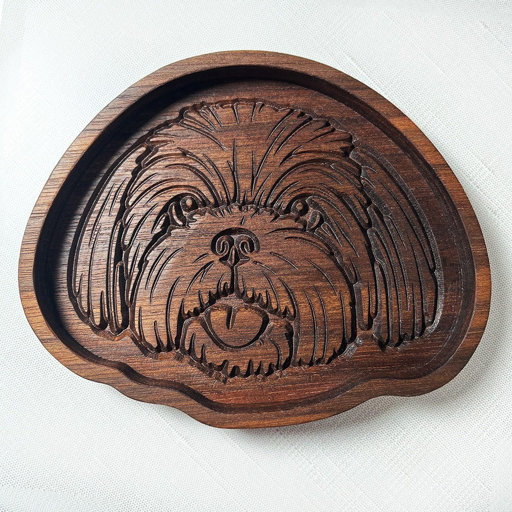 A Shih Tzu wood tray with a shih tzu dog on it.
