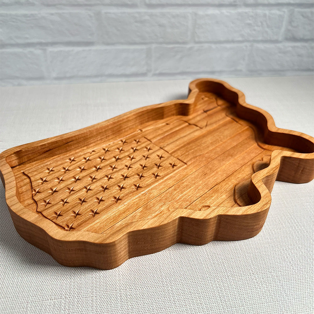 A USA Map & Flag wood tray with the shape of the state of California.